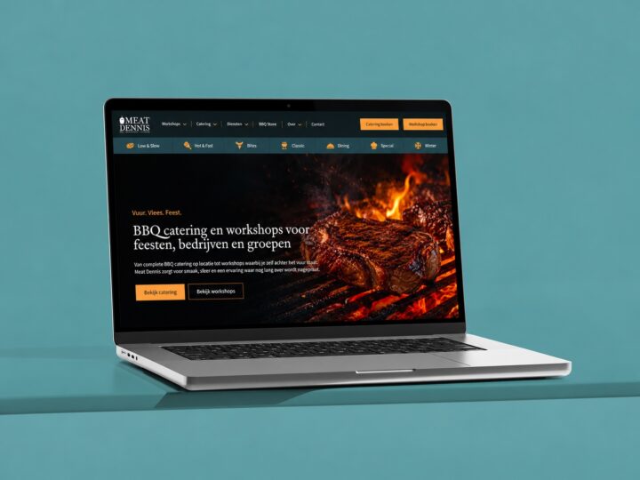 Laptopmockup van de Meat Dennis website met BBQ catering en workshops